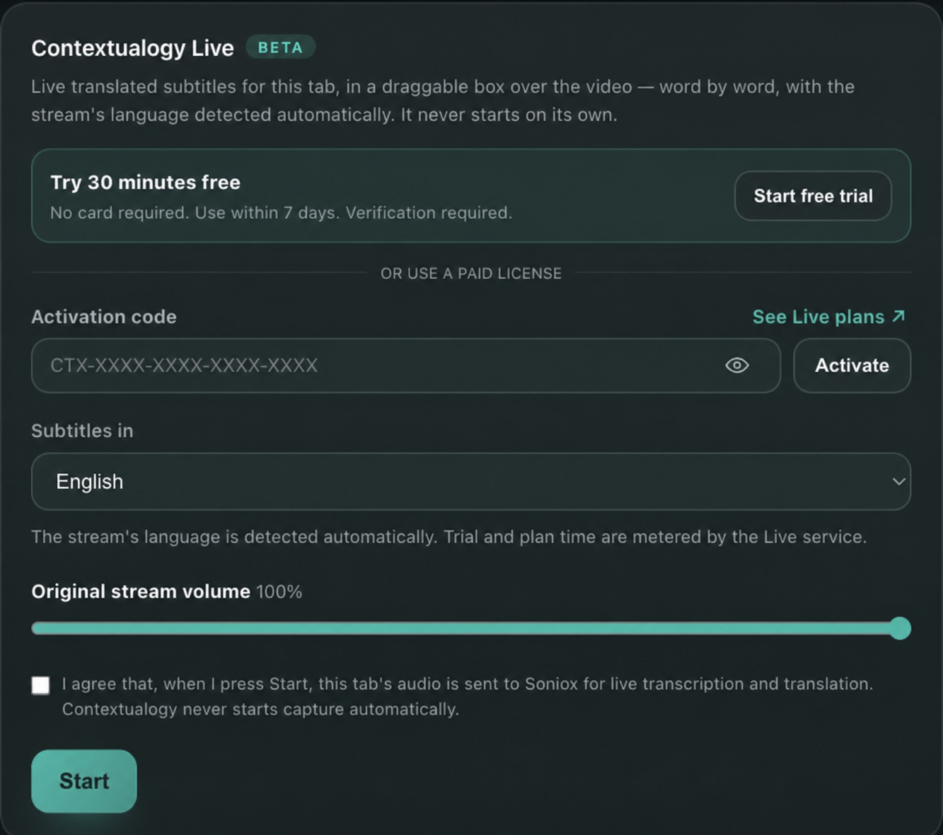 The Contextualogy Live controls inside the extension